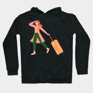 Happy Woman Solo Traveler with Luggage Hoodie